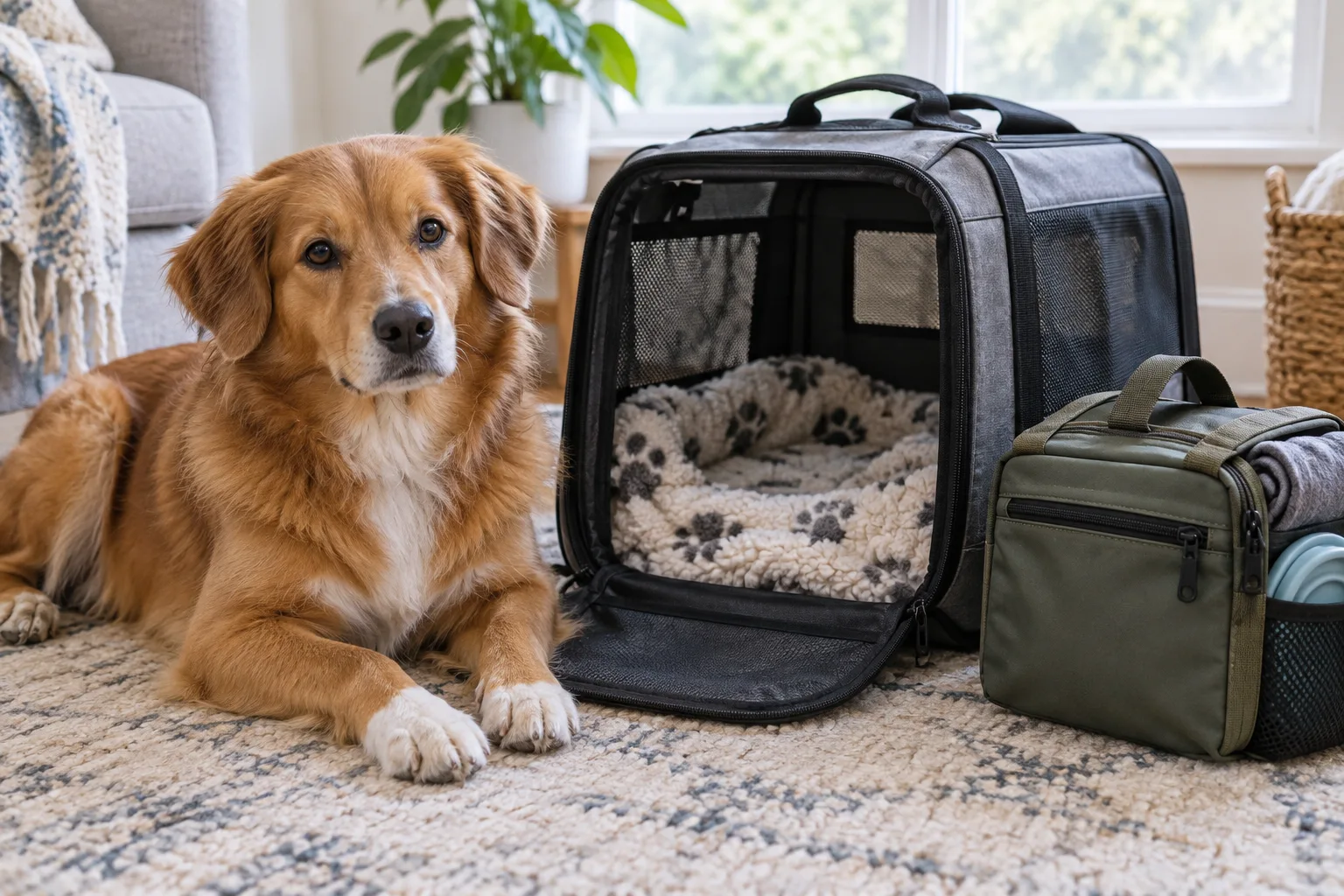 Un chien découvre calmement sa caisse de transport près d’un sac préparé pour le voyage.