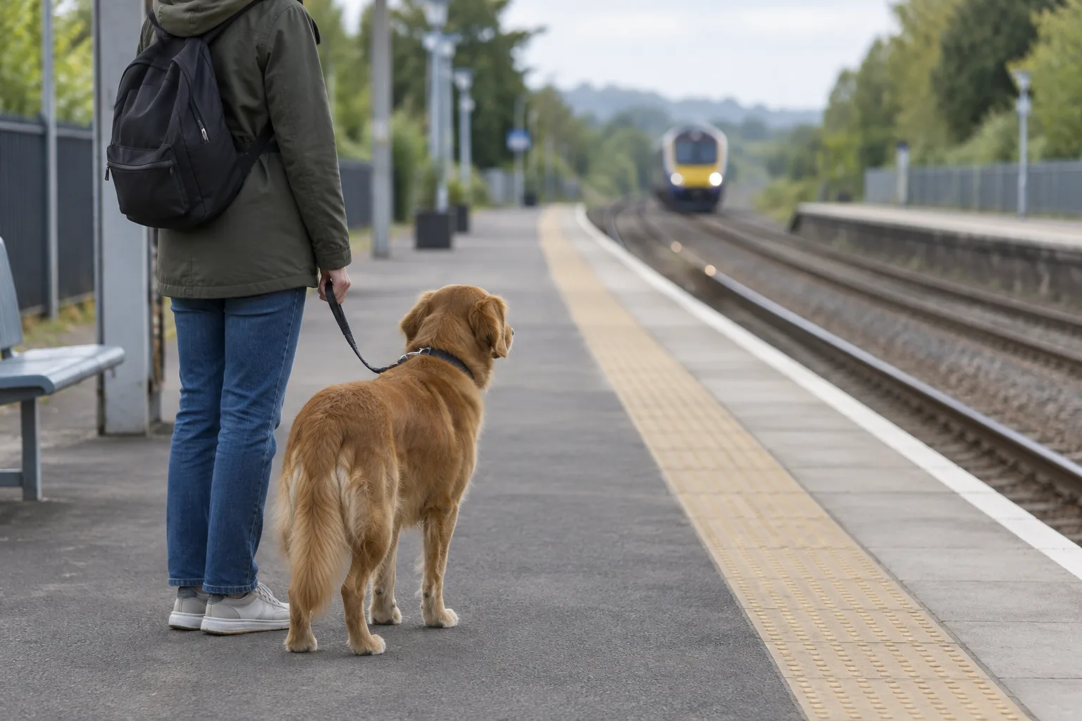 Un chien tenu en laisse attend avec son accompagnant à distance du bord du quai.