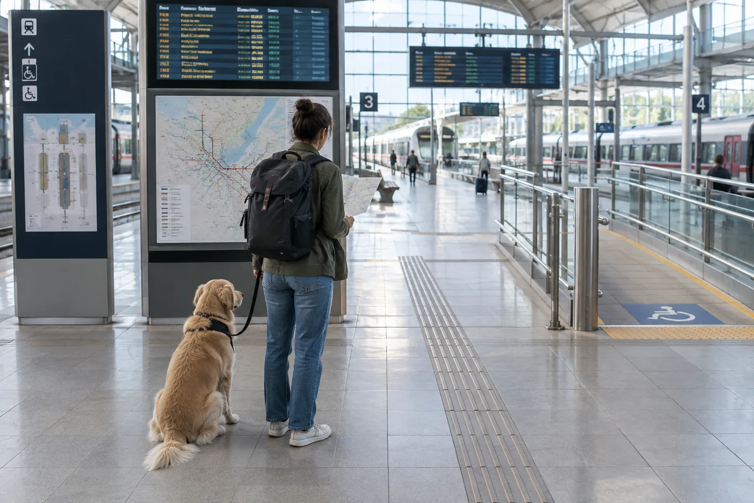 Une personne consulte les informations de la gare pendant que son chien attend à ses côtés.