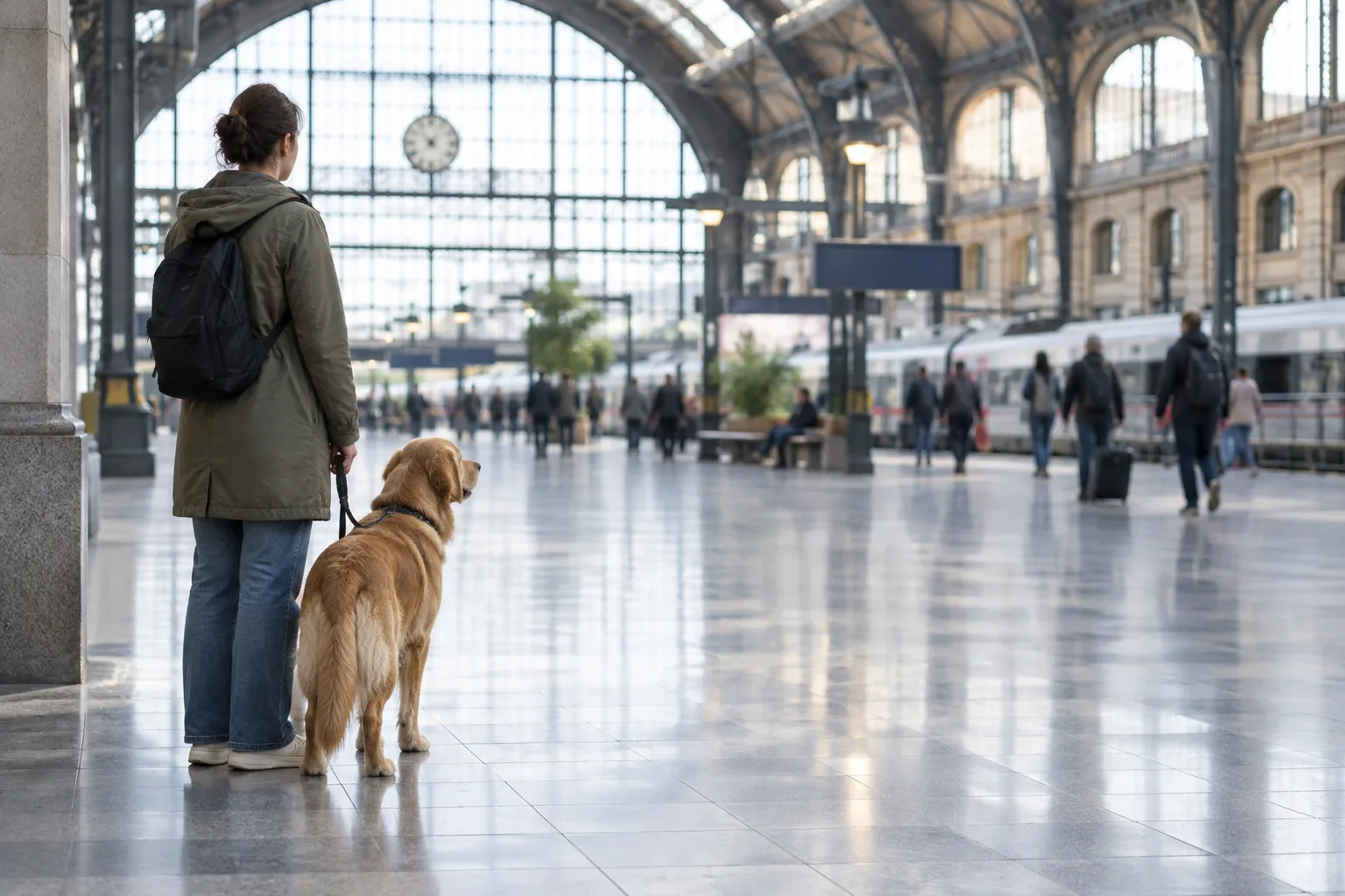 Un chien en laisse attend près de son propriétaire dans un espace dégagé de la gare.