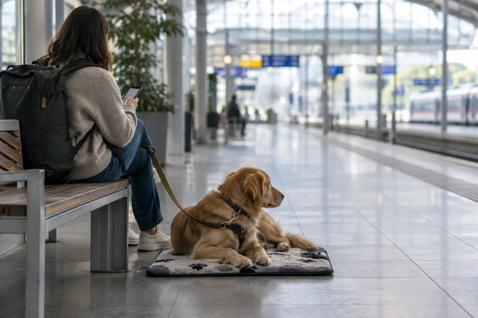 Une personne consulte son téléphone pendant que son chien se repose sur un tapis dans une gare.