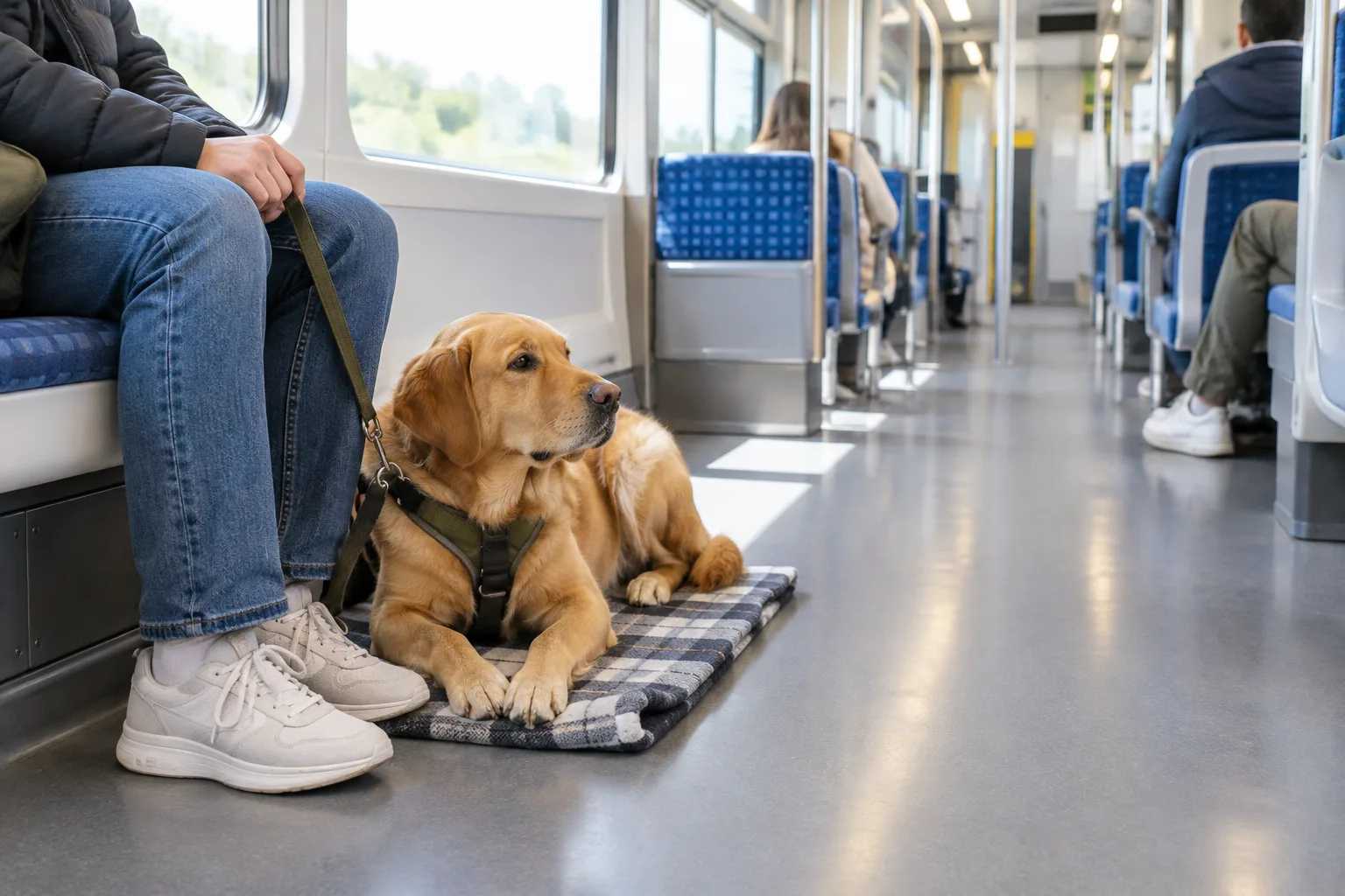Un chien se repose sur une couverture près de son propriétaire dans un wagon lumineux.