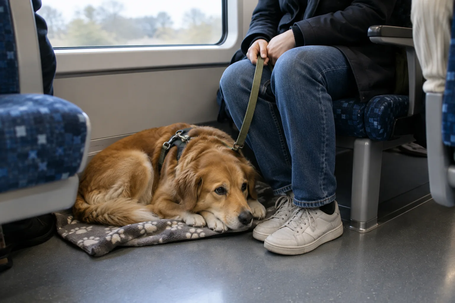 Un chien se repose sur une couverture au pied de son propriétaire dans un train.