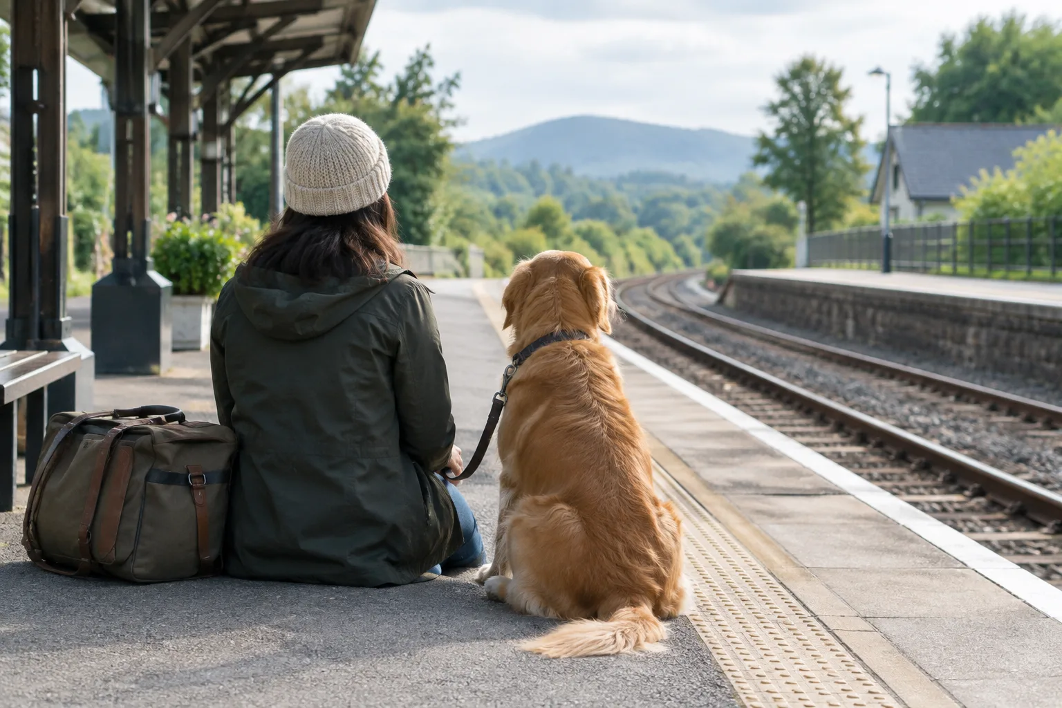 Un chien en laisse attend calmement sur un quai de gare près de son propriétaire.