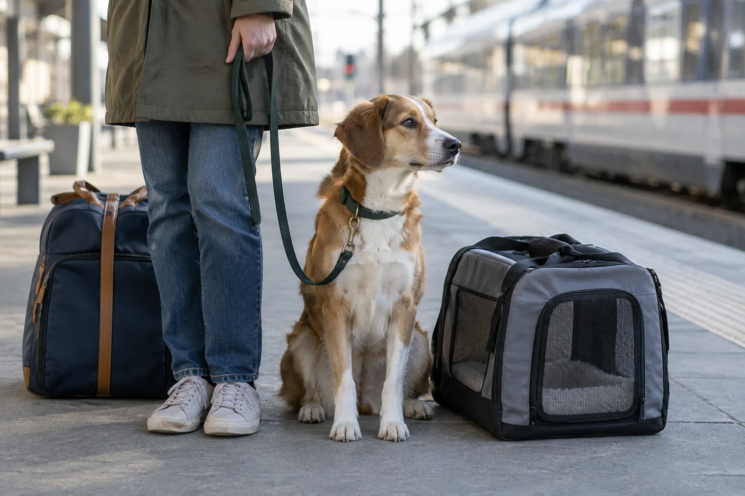 Un chien en laisse attend calmement sur un quai de gare près d’un sac de voyage.