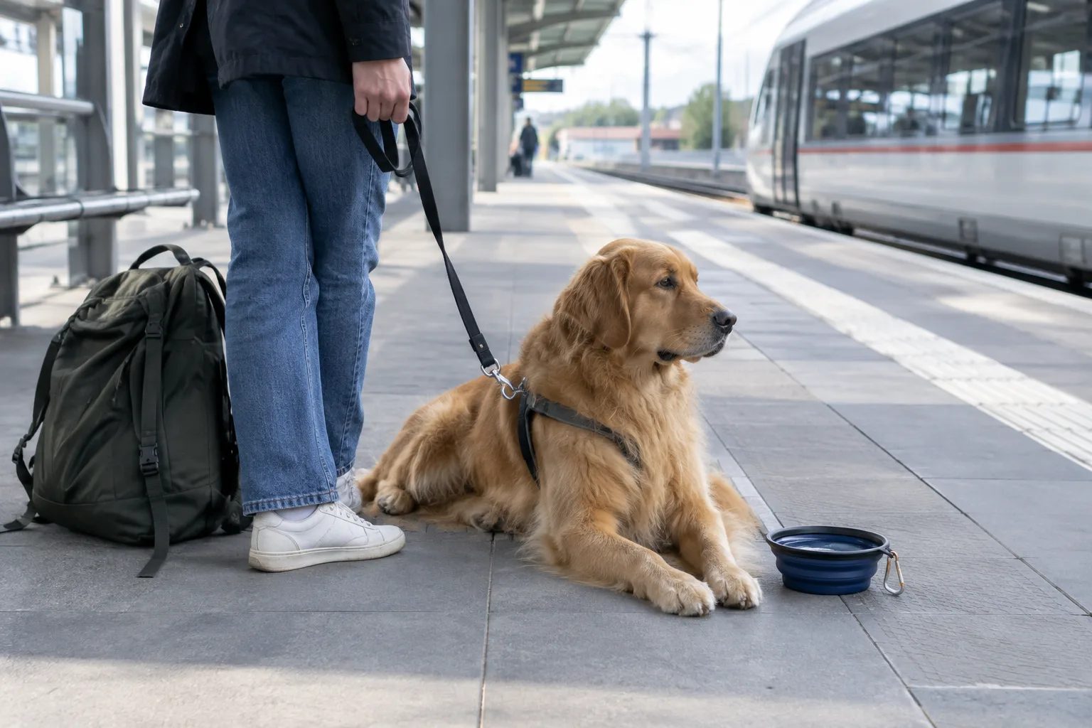 Un chien en laisse attend calmement sur un quai de gare, près d’un sac de voyage.
