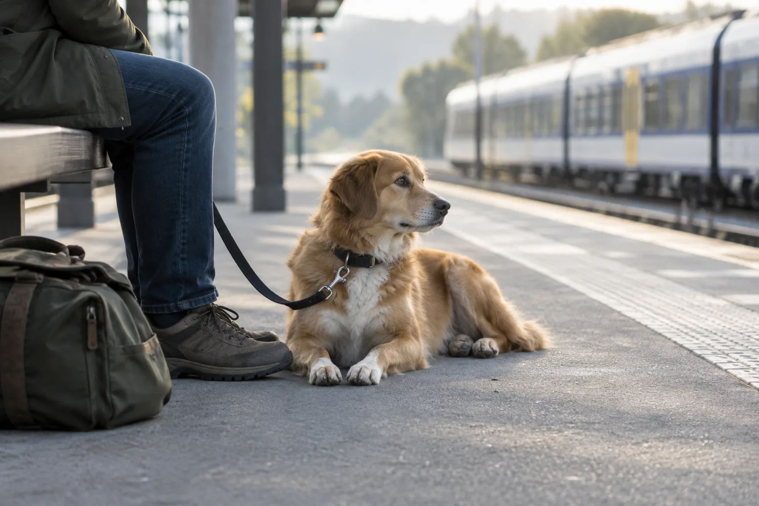 Un chien en laisse attend calmement sur un quai de gare près d’un sac de voyage.