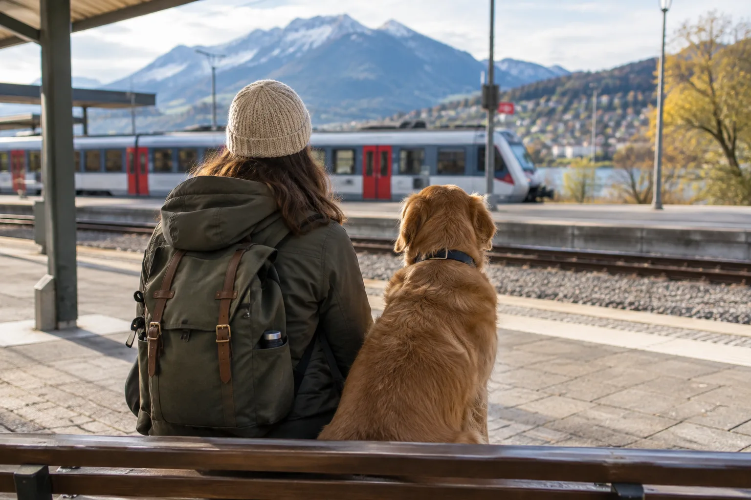 Un chien en laisse attend calmement sur le quai près de son accompagnant, avec un train en arrière-plan.