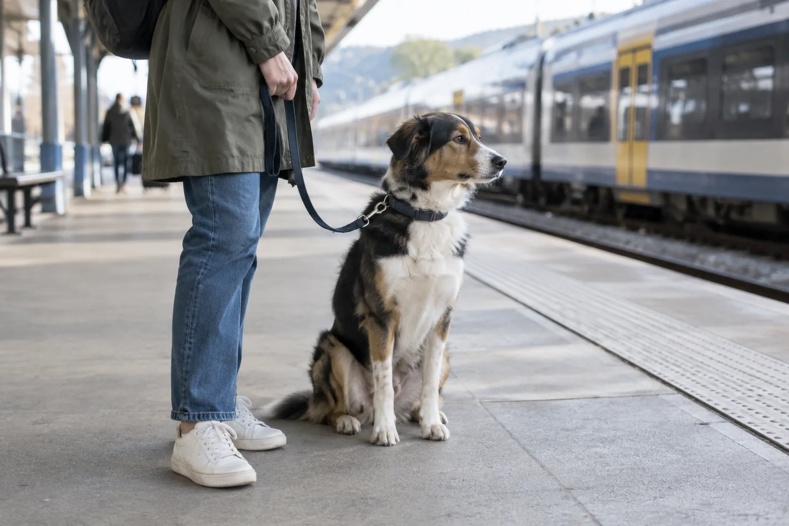 Un chien en laisse attend calmement sur un quai de gare près de son propriétaire.