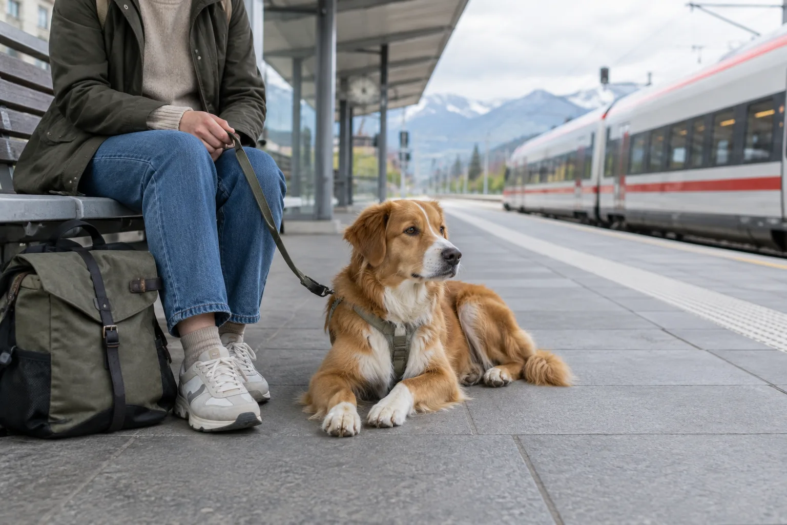 Un chien tenu en laisse attend calmement près de son sac sur un quai de gare.