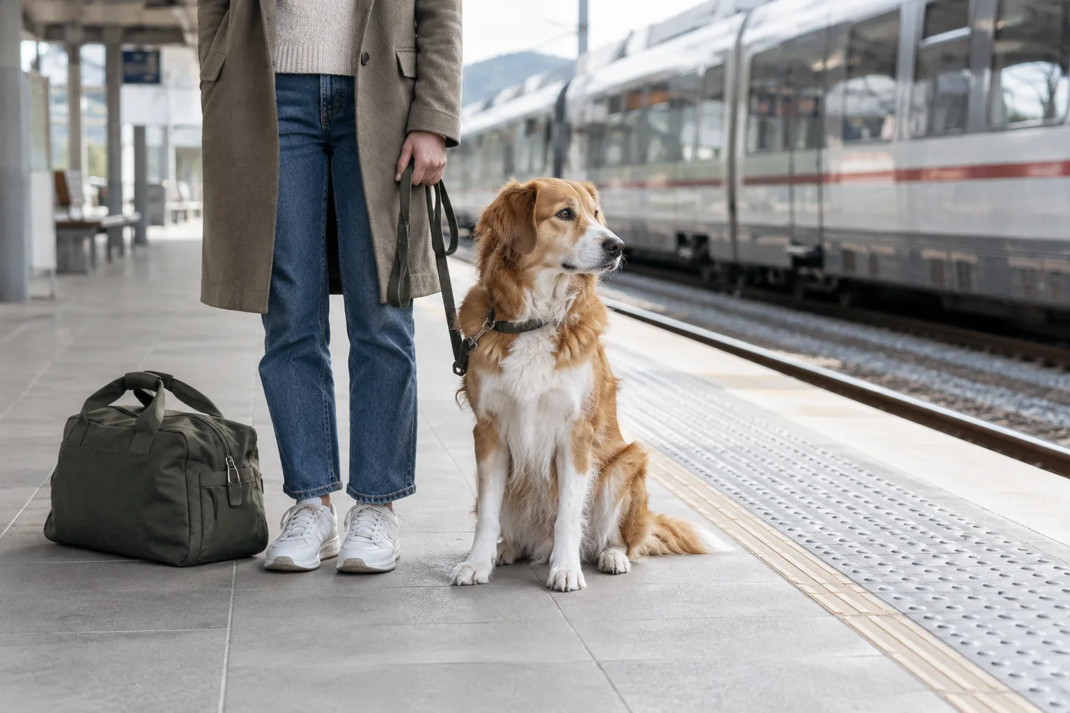 Un chien en laisse attend calmement sur un quai de gare, près de son propriétaire.