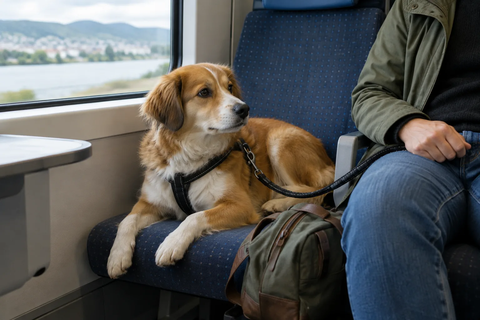 Un chien tenu en laisse reste calmement près de son propriétaire dans un train.