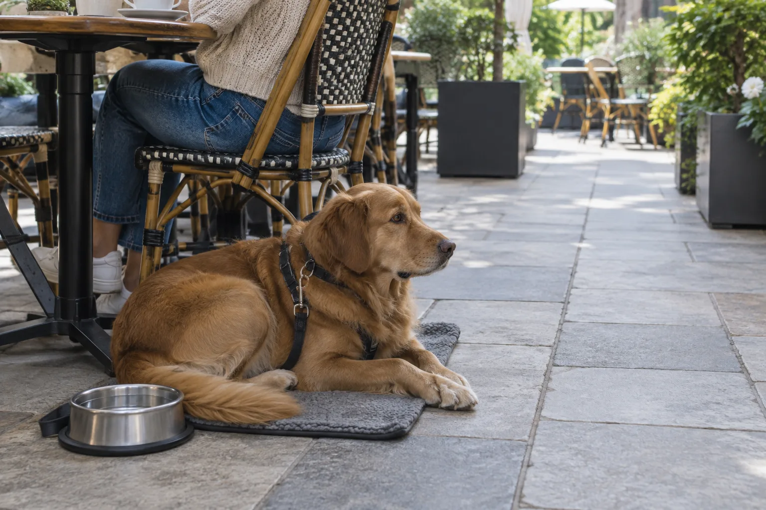 Un chien installé sur un tapis près d’une chaise, à l’écart du passage sur une terrasse.