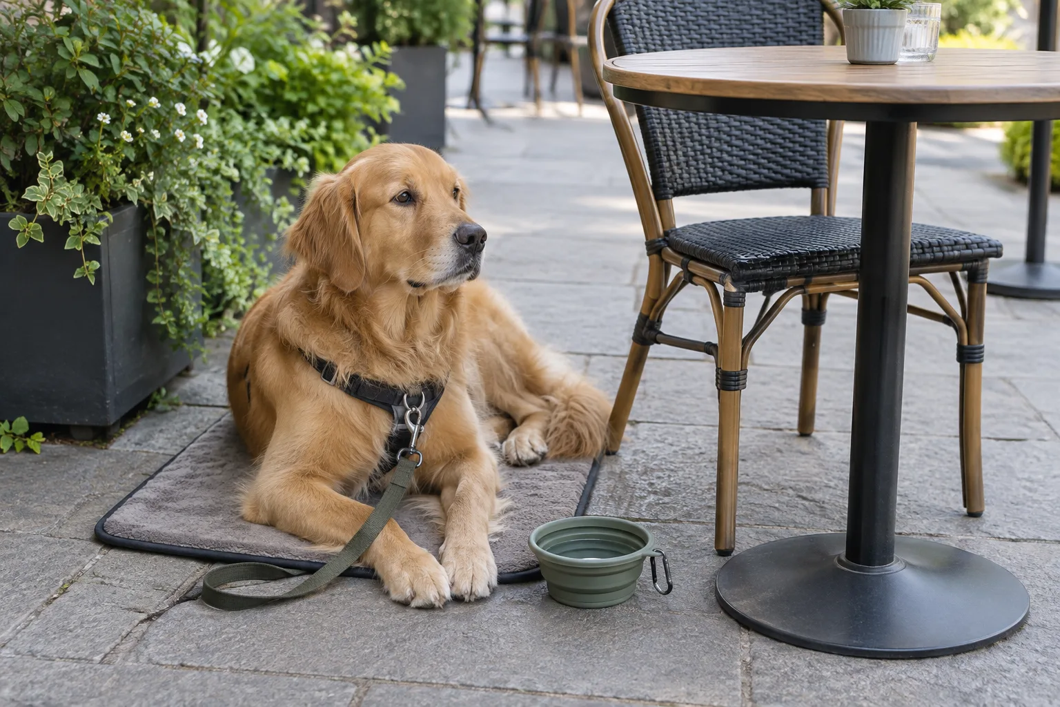 Un chien reste calmement sur son tapis à côté d’une table de terrasse, une gamelle de voyage posée près de lui.