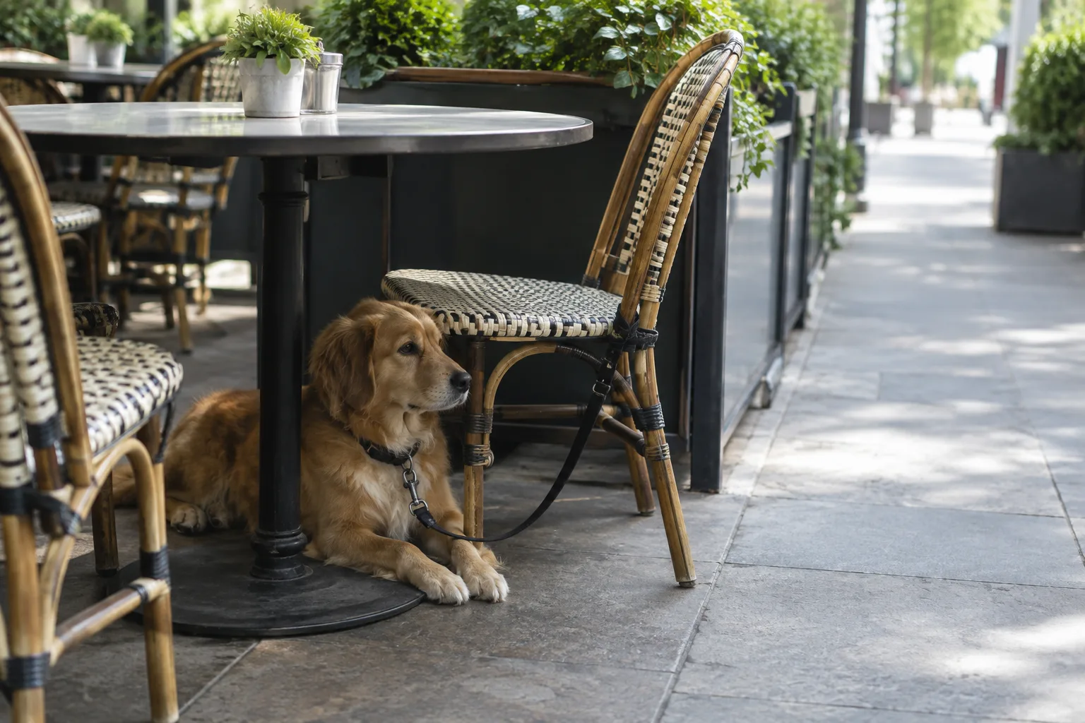 Un chien couché sous une table de terrasse, à l’écart du passage.