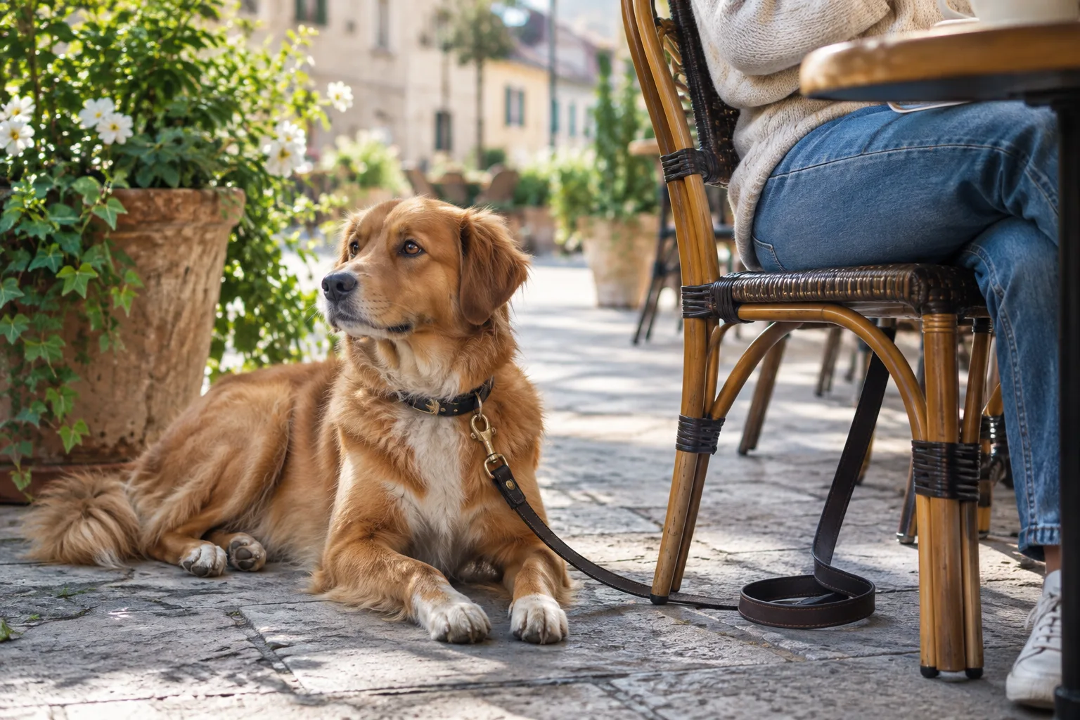 Un chien en laisse se repose près d’une table de café en terrasse.