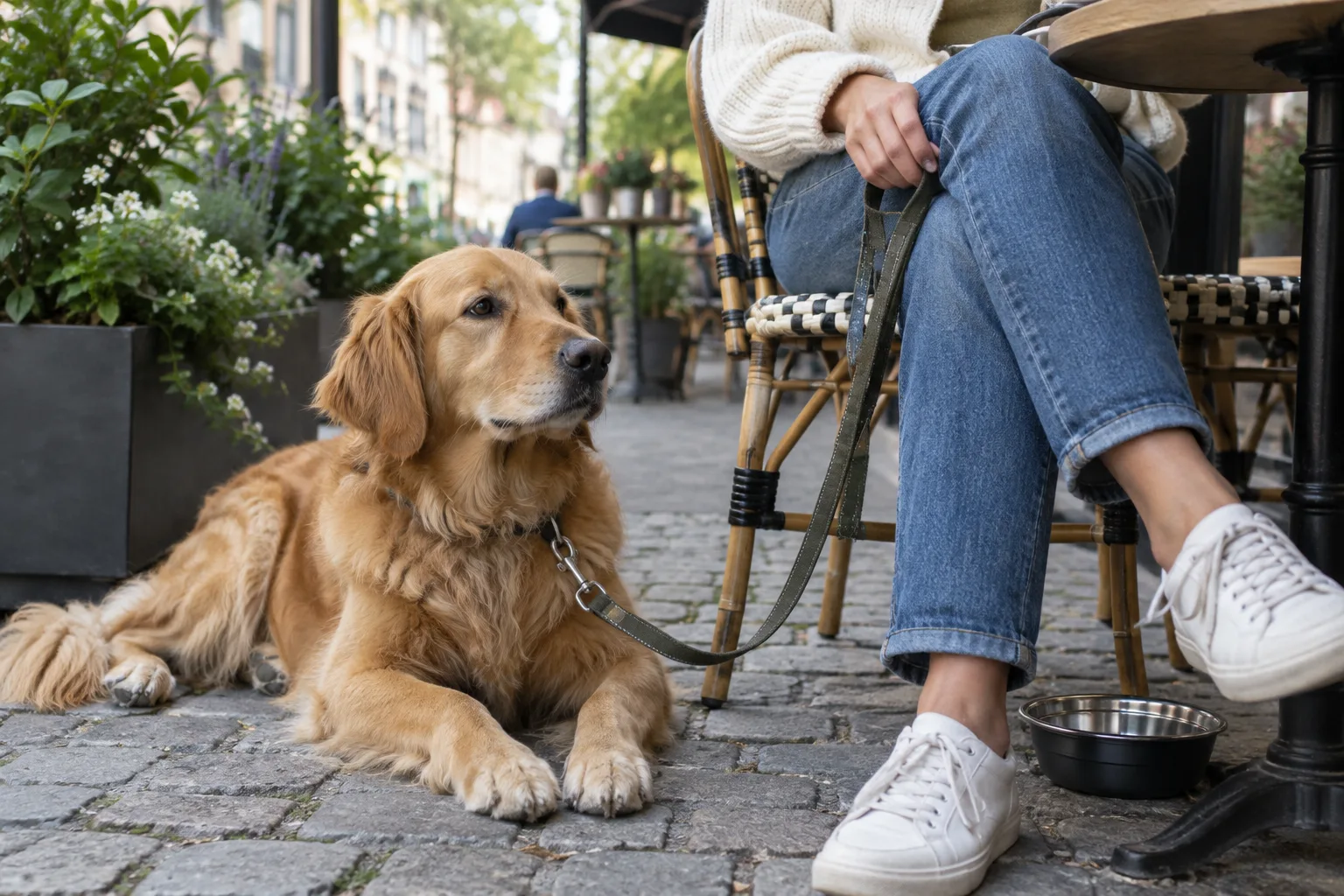 Un chien en laisse se repose près de la table de son propriétaire sur une terrasse de café.