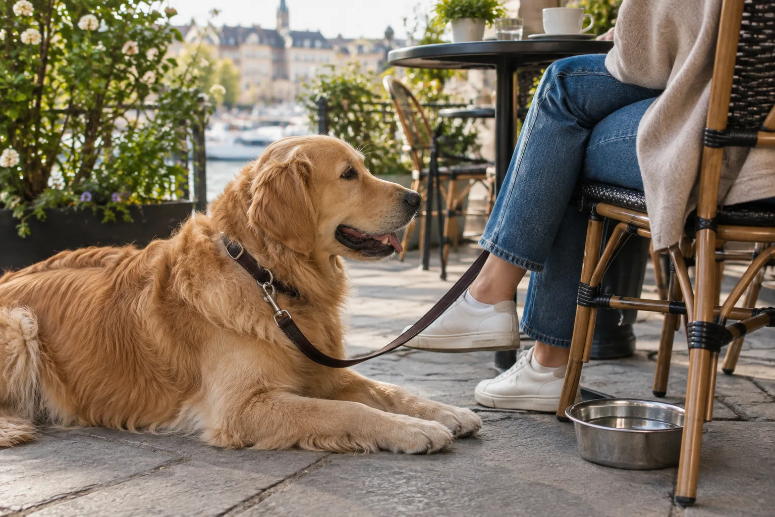 Un chien se repose près d’une chaise sur la terrasse d’un café, avec sa laisse et une gamelle d’eau.