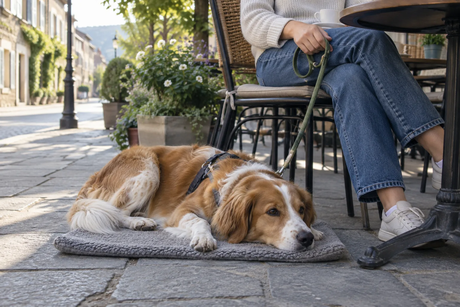 Un chien au calme près de la table de son propriétaire sur une terrasse de café.