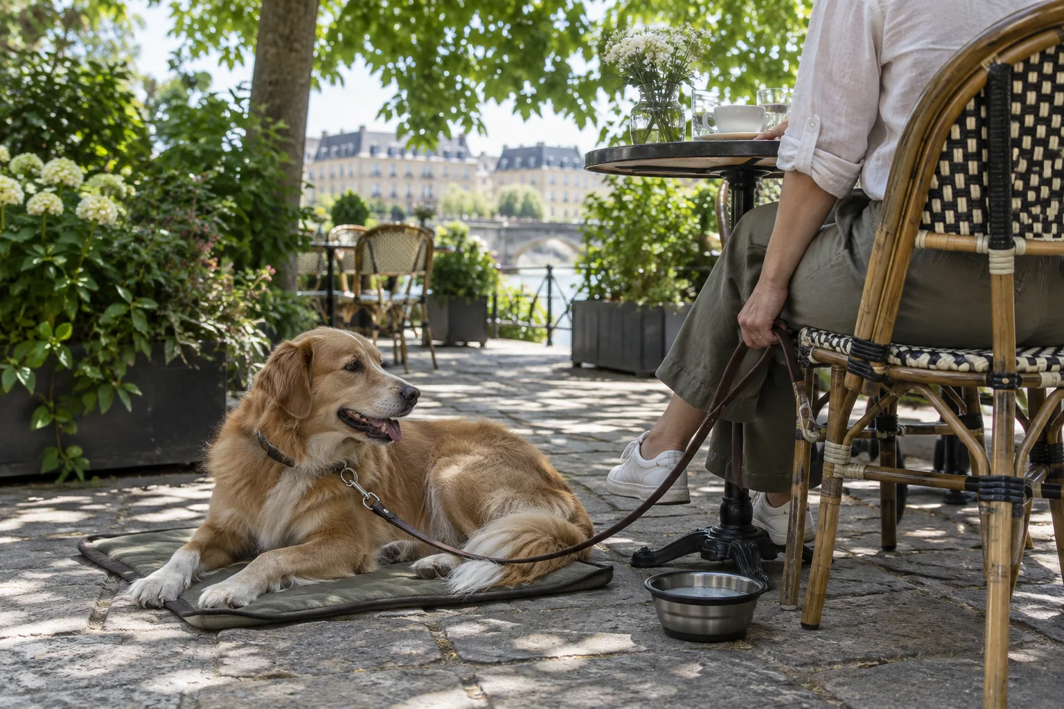Un chien se repose sur un tapis près d’une table de café en terrasse, avec une gamelle d’eau à proximité.