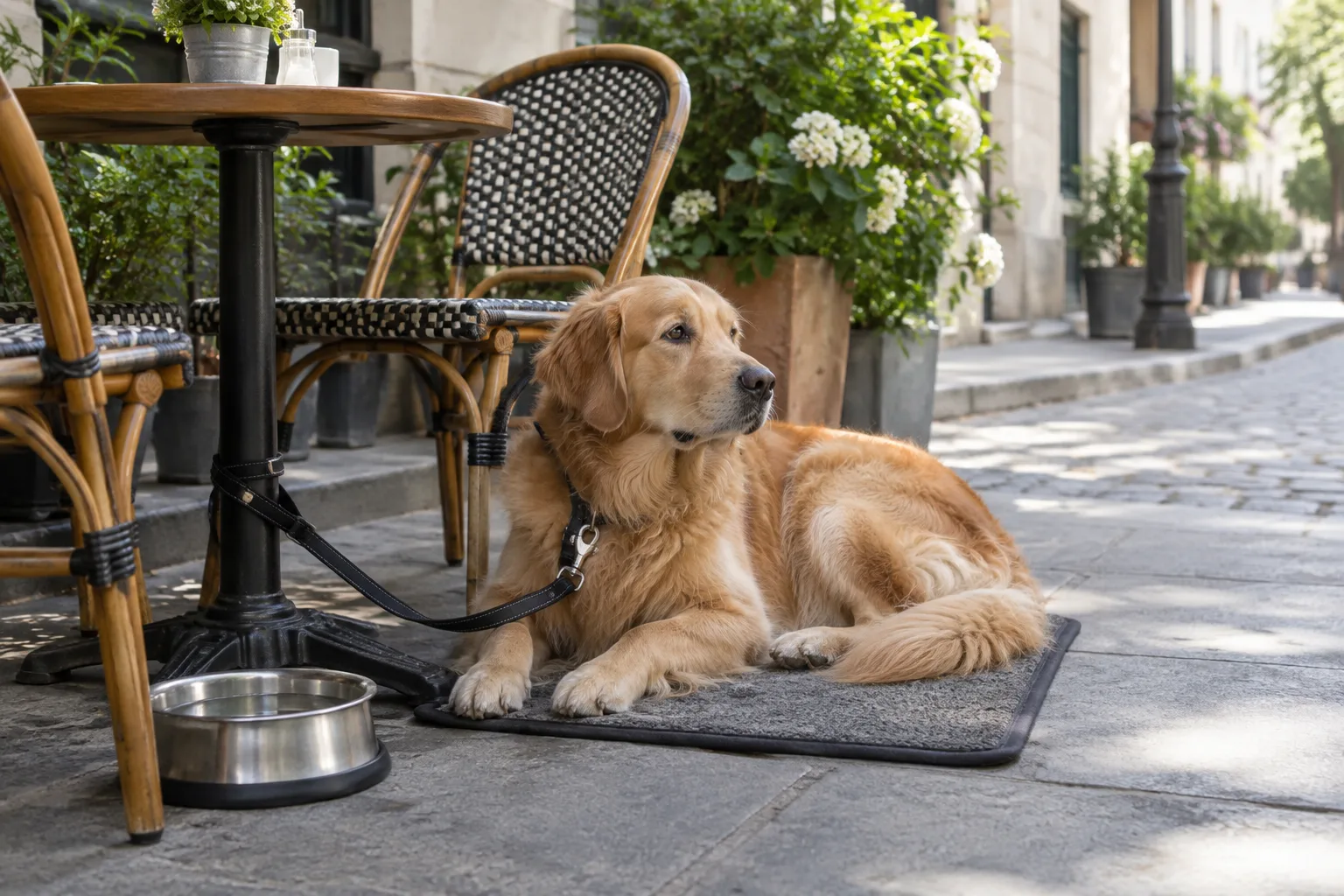 Un chien posé sur son tapis près d’une table de café en terrasse, avec une gamelle d’eau à côté.