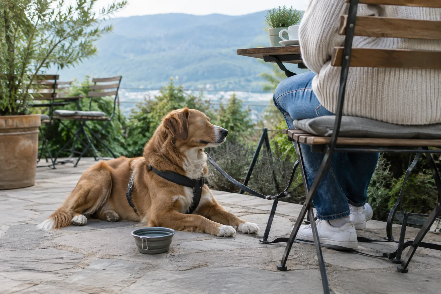 Un chien tenu en laisse se repose près d’une table de café en terrasse, avec une gamelle d’eau à ses côtés.