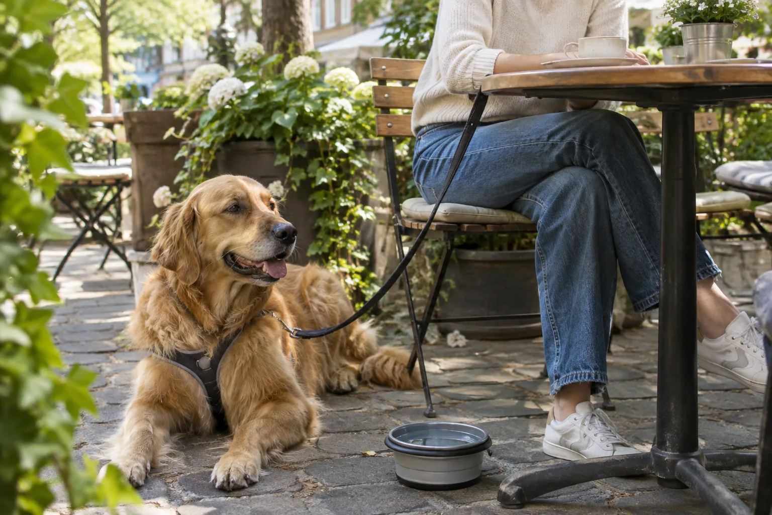 Un chien au calme près d’une table de terrasse, avec une gamelle d’eau à ses côtés.