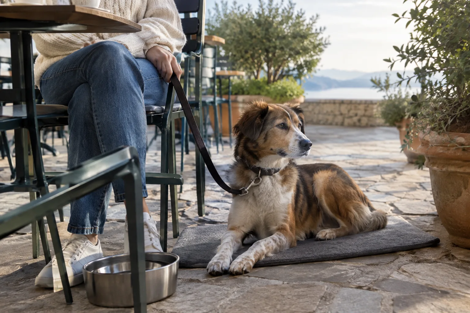Un chien installé sur un tapis près de la table de son propriétaire en terrasse.