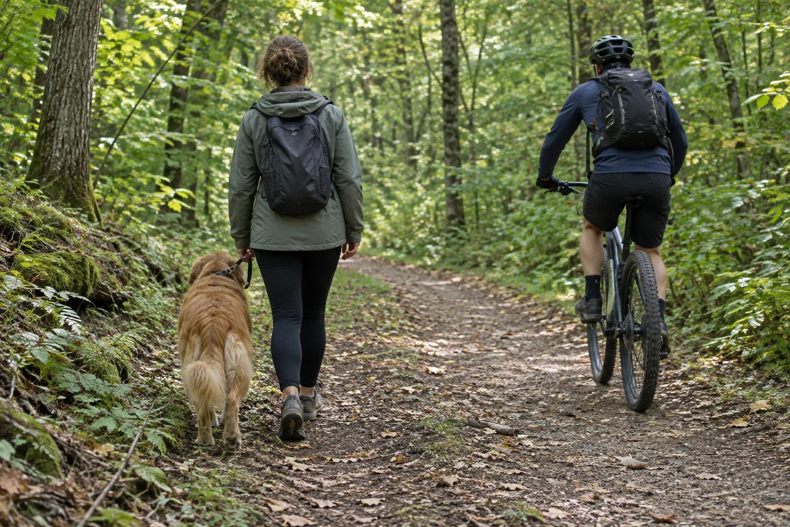 Un chien tenu en laisse reste près de son propriétaire pendant qu’un cycliste passe sur le sentier.