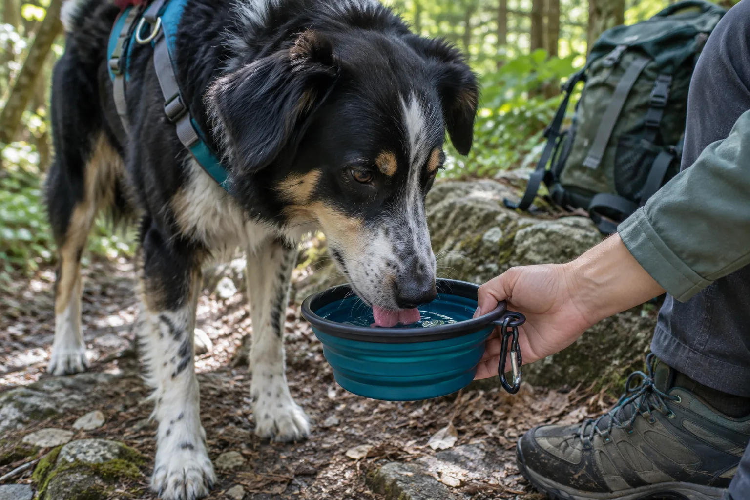 Un chien boit dans une gamelle pliable pendant une pause sur un sentier ombragé.