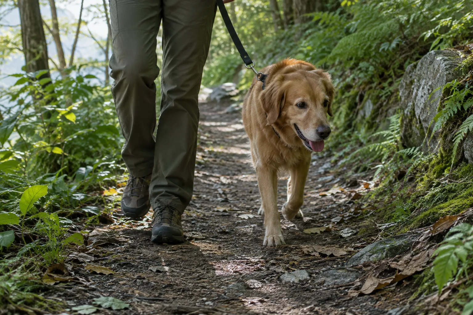 Un chien en laisse marche sur un sentier de randonnée ombragé aux côtés de son propriétaire.