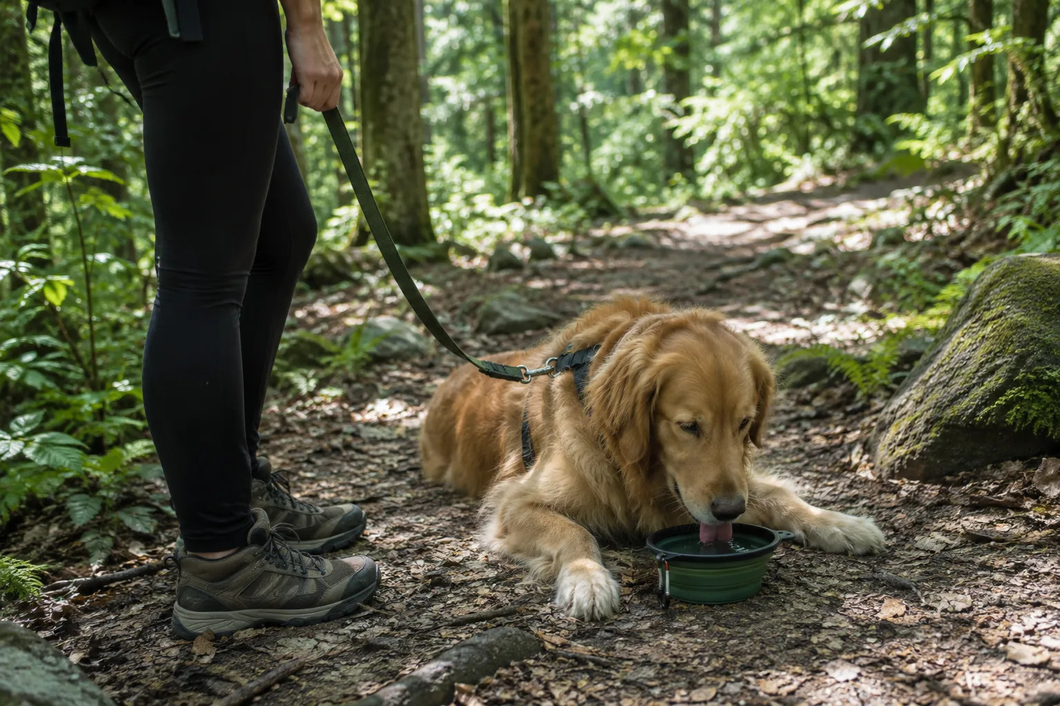 Un chien boit dans une gamelle lors d’une pause sur un sentier ombragé.