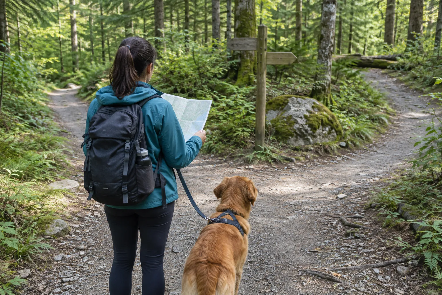 À une bifurcation en forêt, une personne consulte une carte tandis que son chien attend en laisse.