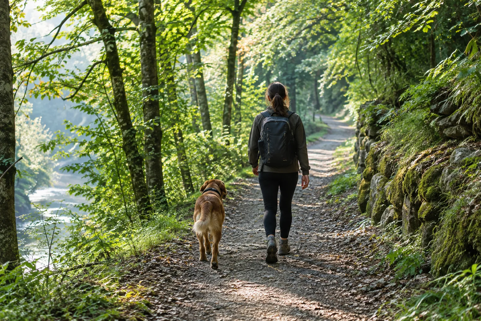 Un chien marche près de son propriétaire sur un sentier ombragé.