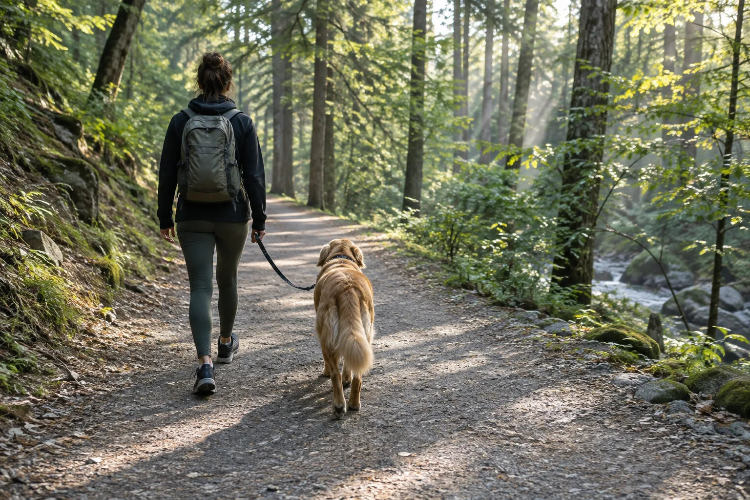 Un chien en laisse accompagne son propriétaire sur un sentier de randonnée en forêt.