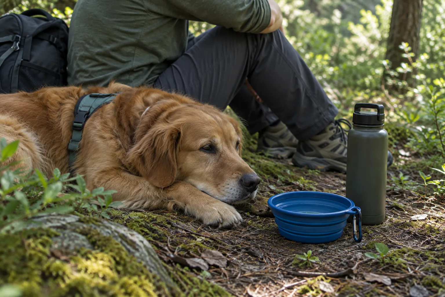 Un chien se repose à l’ombre près d’une gamelle pliable pendant une randonnée.