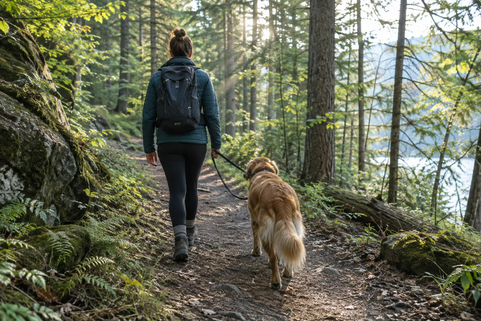 Une personne marche sur un sentier forestier avec son chien tenu en laisse.