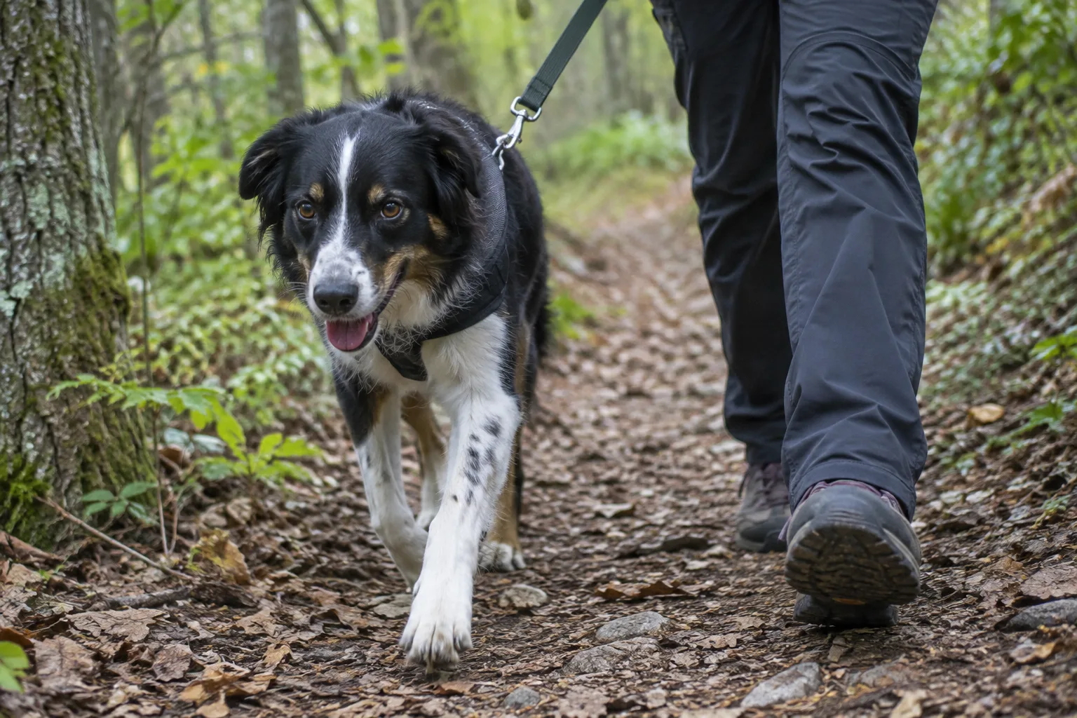 Un chien en laisse reste près de sa personne sur un sentier étroit bordé d’arbres.
