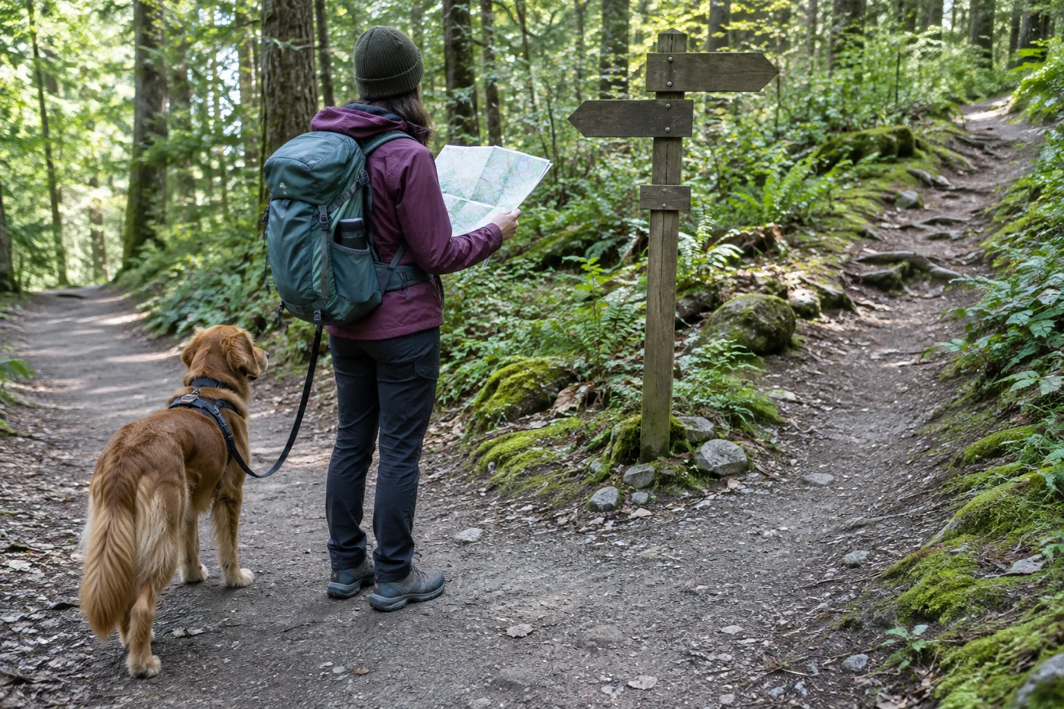Un randonneur consulte une carte à un croisement, son chien en laisse à ses côtés.