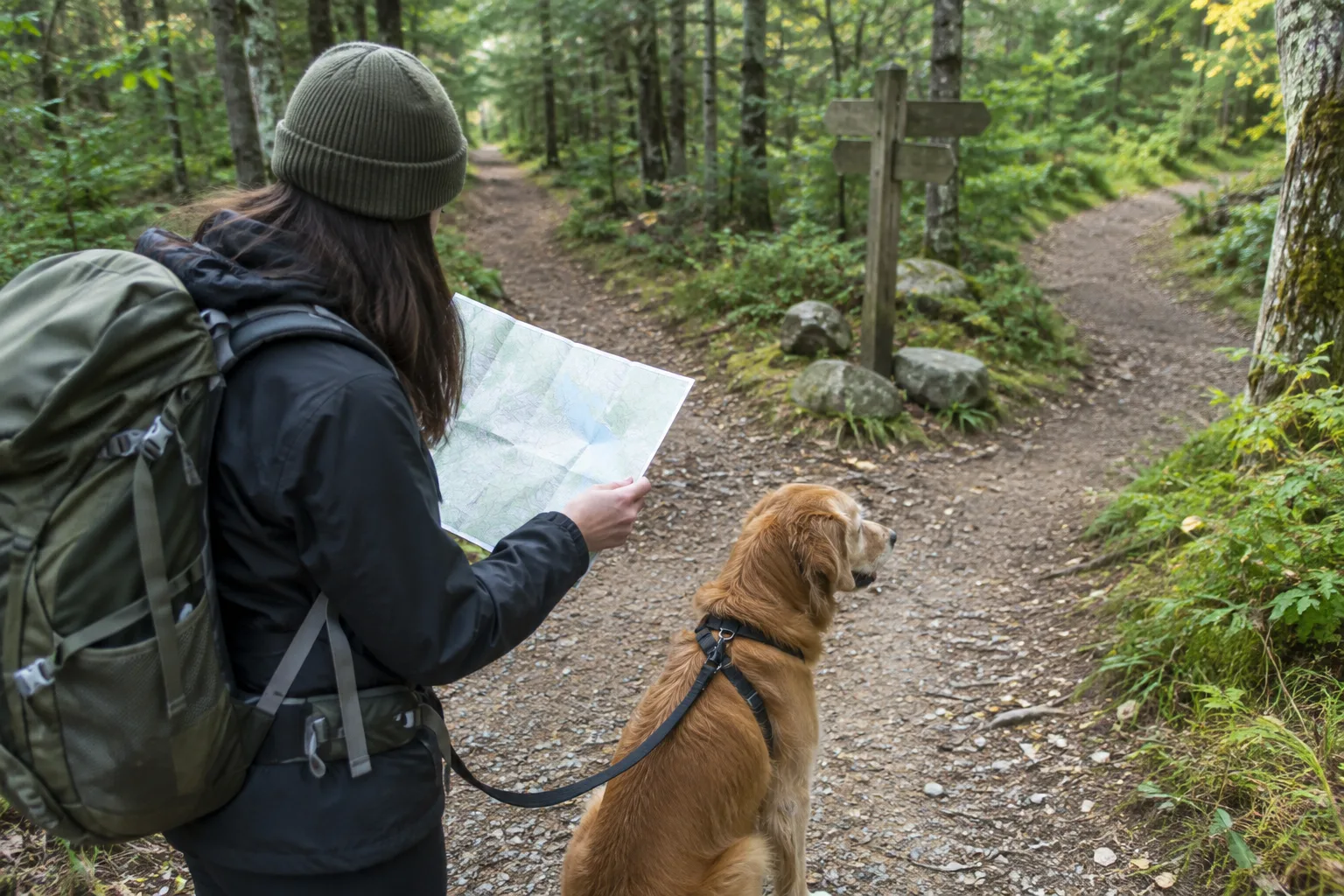 Une personne consulte une carte près d’un embranchement forestier, son chien en laisse à ses côtés.