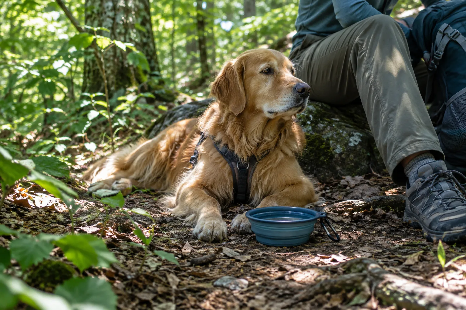 Un chien fait une pause à l’ombre près d’une gamelle d’eau sur un chemin forestier.