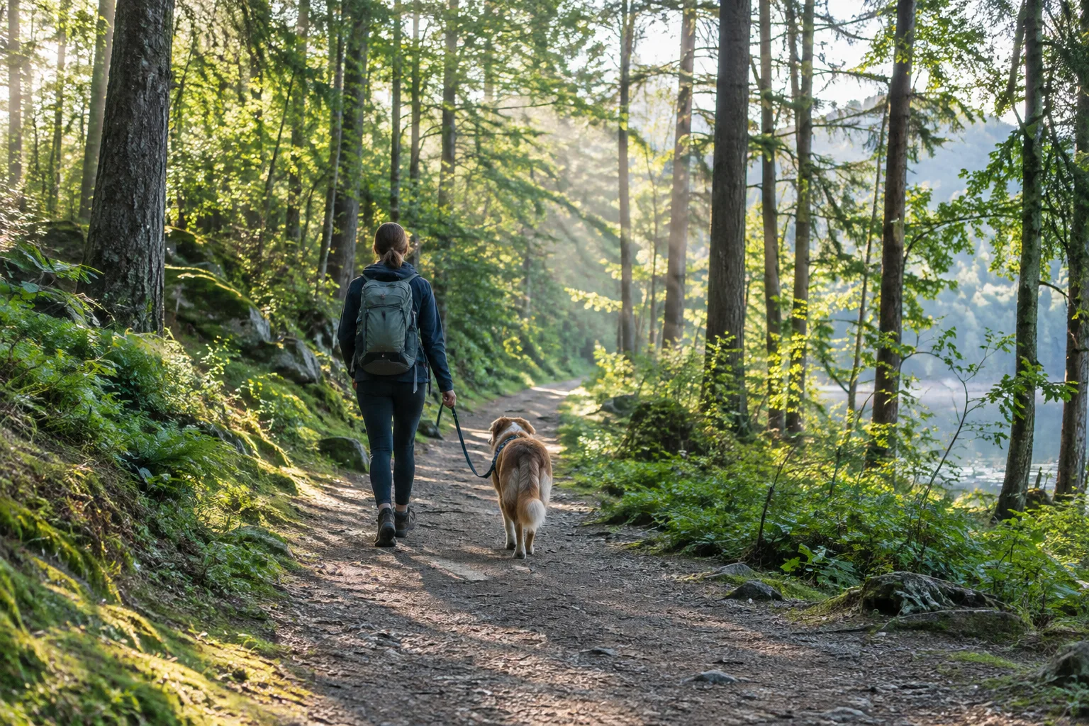 Un chien tenu en laisse marche avec son propriétaire sur un sentier forestier.