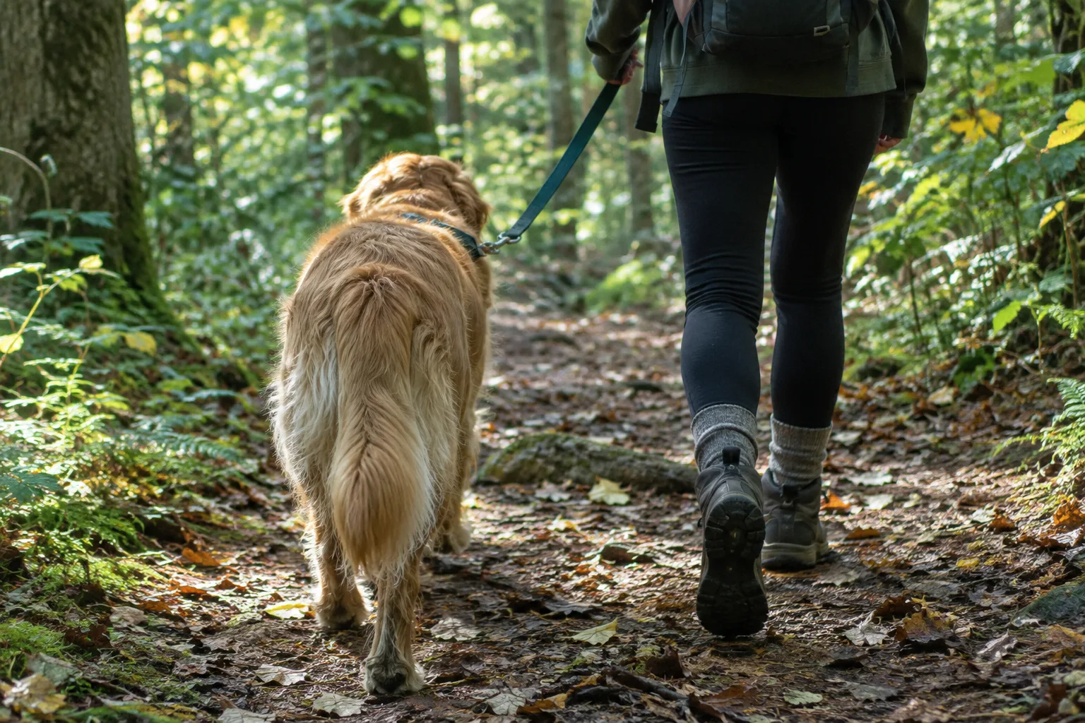 Un chien tenu en laisse marche aux côtés de son propriétaire sur un sentier forestier.