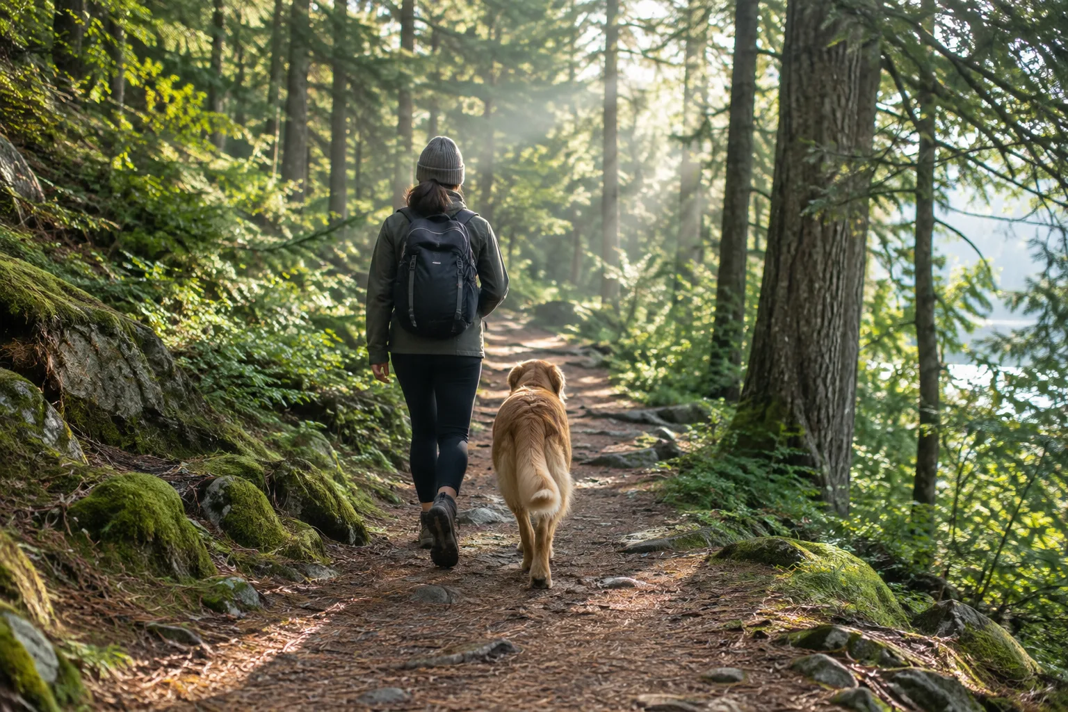 Un chien marche près de son propriétaire sur un sentier forestier ombragé.