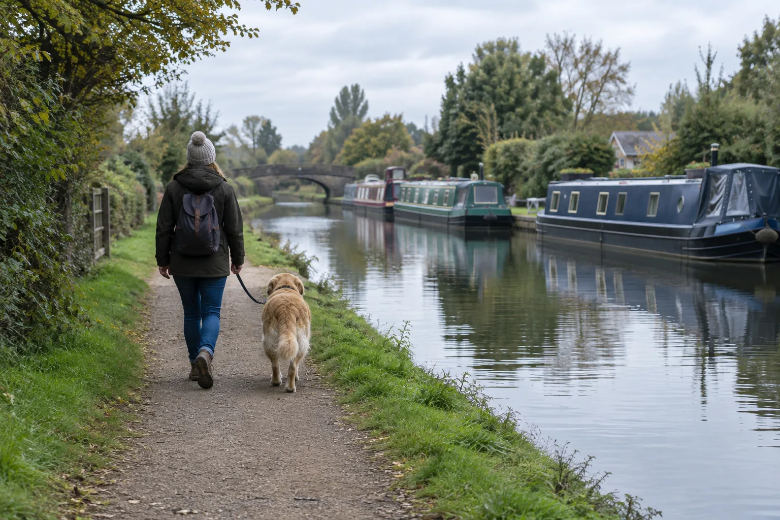 Un chien tenu en laisse marche sur un chemin de halage, près de l’eau et de péniches amarrées.