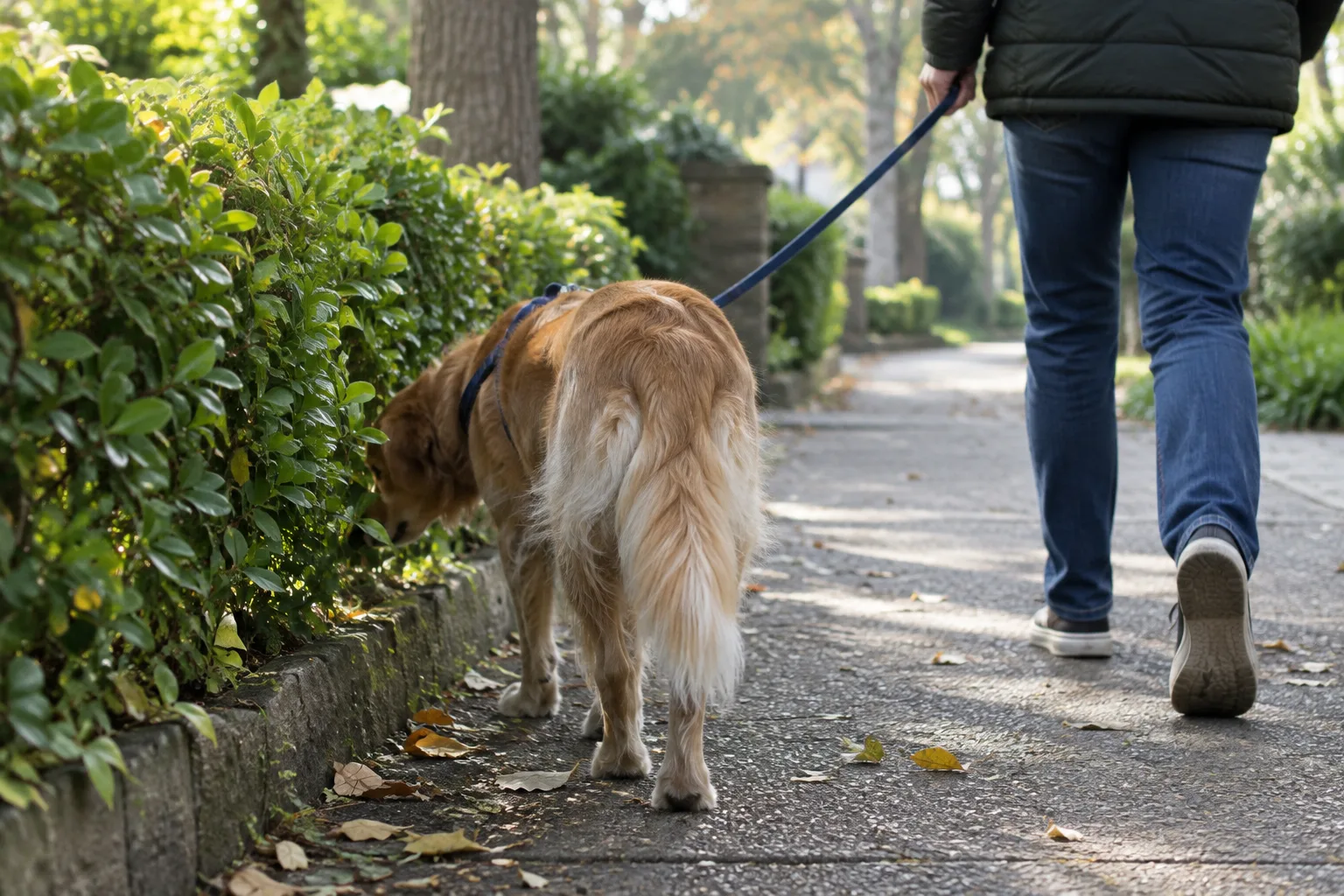 Un chien tenu en laisse renifle le bord d’un chemin calme dans un quartier verdoyant.
