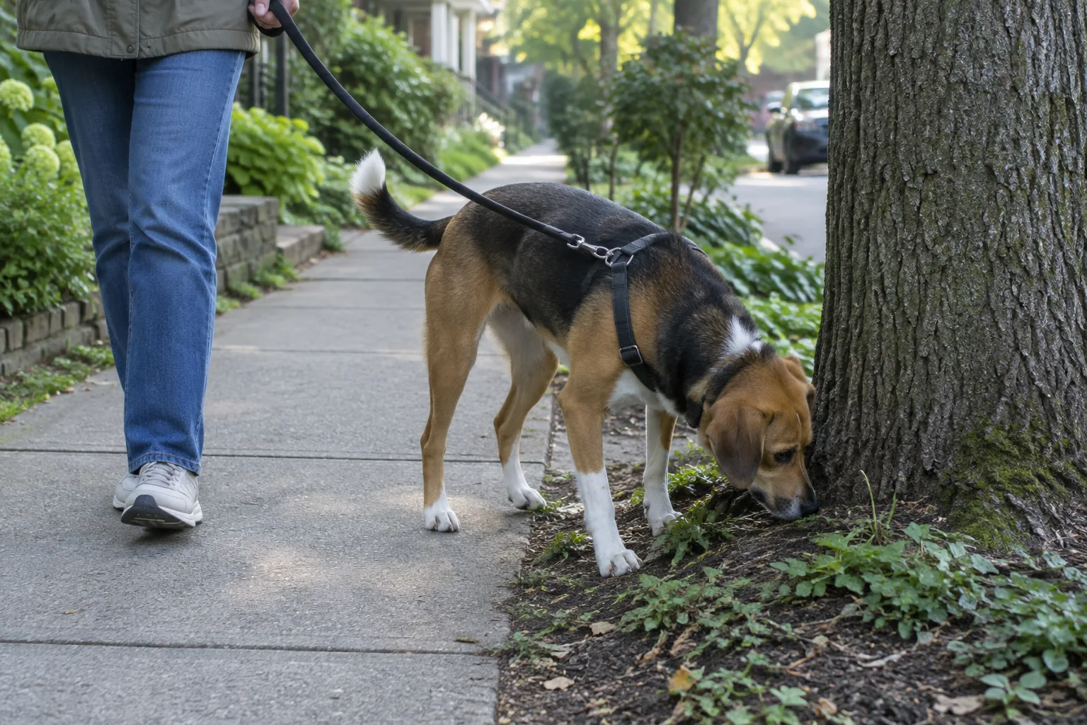 Un chien en laisse renifle le pied d’un arbre lors d’une promenade dans un quartier calme.