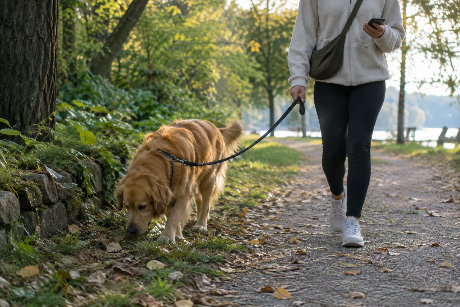 Un chien renifle au bord d’un chemin de parc tandis que son propriétaire tient un téléphone.