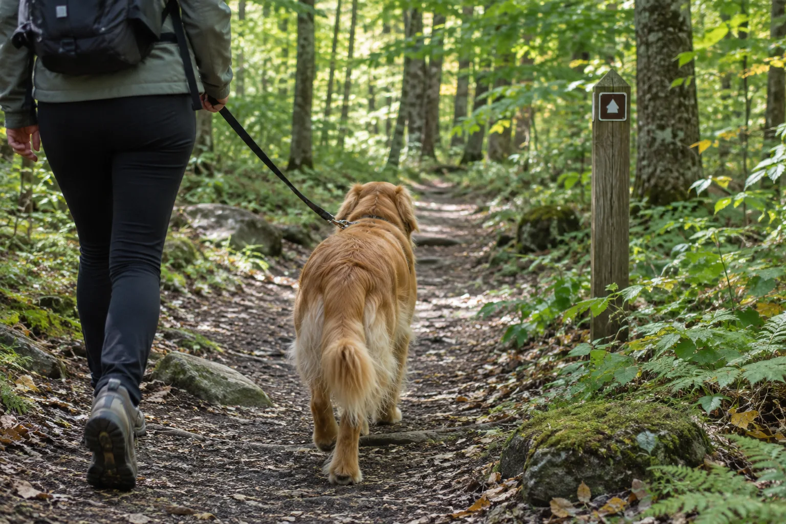 Un chien en laisse marche sur un sentier forestier près d’un panneau de parcours.
