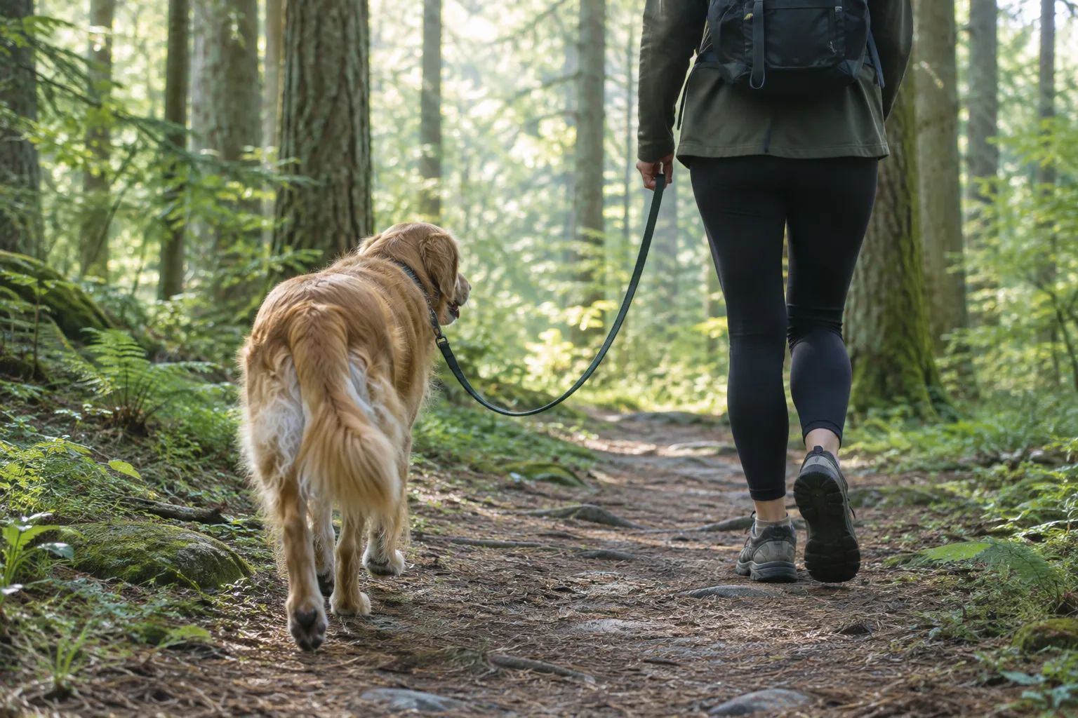 Un chien tenu en laisse avance sur un sentier forestier bordé d’arbres.